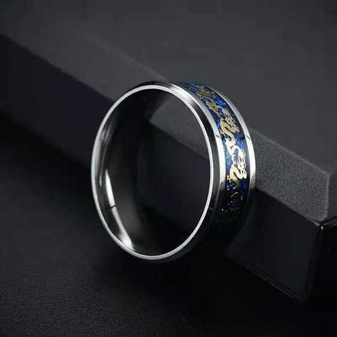 Men 8mm Tungsten Beveled Edges Silver & Blue Celtic Gold Dragon Comfort-Fit Band